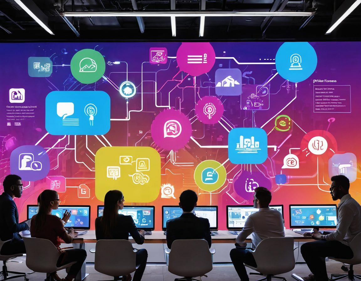 A vibrant scene depicting a diverse group of people engaged in a dynamic brainstorming session, surrounded by digital screens showcasing innovative ideas and community-driven projects. Elements like social media icons, connections represented by colorful lines, and a backdrop of futuristic cityscapes blend together to symbolize digital engagement. Bright colors and a sense of movement convey energy and creativity. super-realistic. vibrant colors. white background.