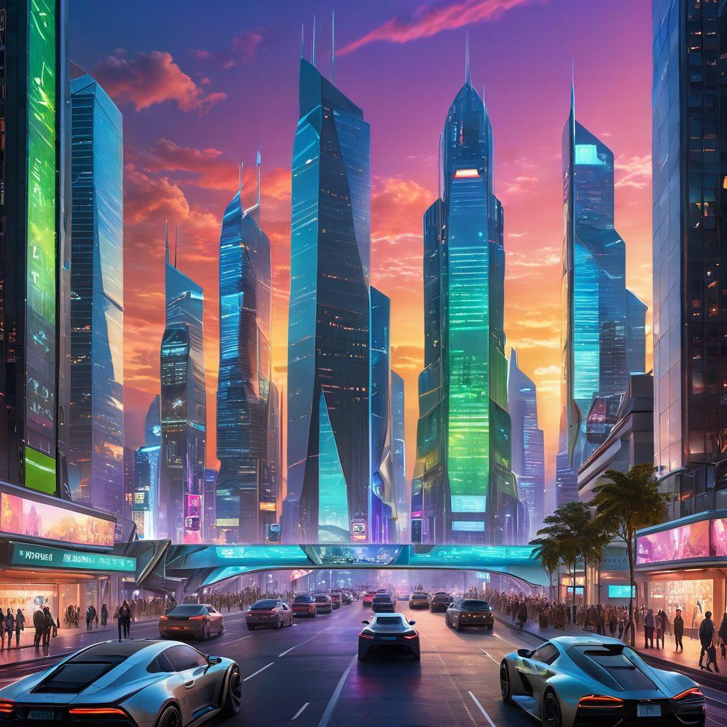 A futuristically designed cityscape showcasing advanced Ibili technology, featuring sleek skyscrapers with holographic displays, flying vehicles, and green energy sources. The foreground includes diverse people interacting with smart devices and robots. The sky is filled with vibrant digital ads and a hint of sunset hues for a warm yet tech-savvy atmosphere. cyberpunk. vibrant colors. super-realistic.