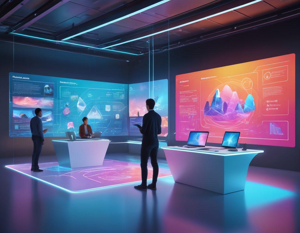 A futuristic digital workspace filled with diverse individuals collaborating on a holographic platform, showcasing vibrant screens with real-time data and interactive features. The environment is sleek and modern, with elements of technology like floating icons and augmented reality tools. Bright colors and a sense of movement illustrate innovation and engagement. super-realistic. vibrant colors. 3D.